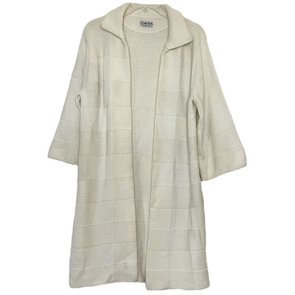 Cuddle Knit Vintage Sweater Coat Long Open Collared Cardigan Ivory Medium Large - Picture 6 of 6